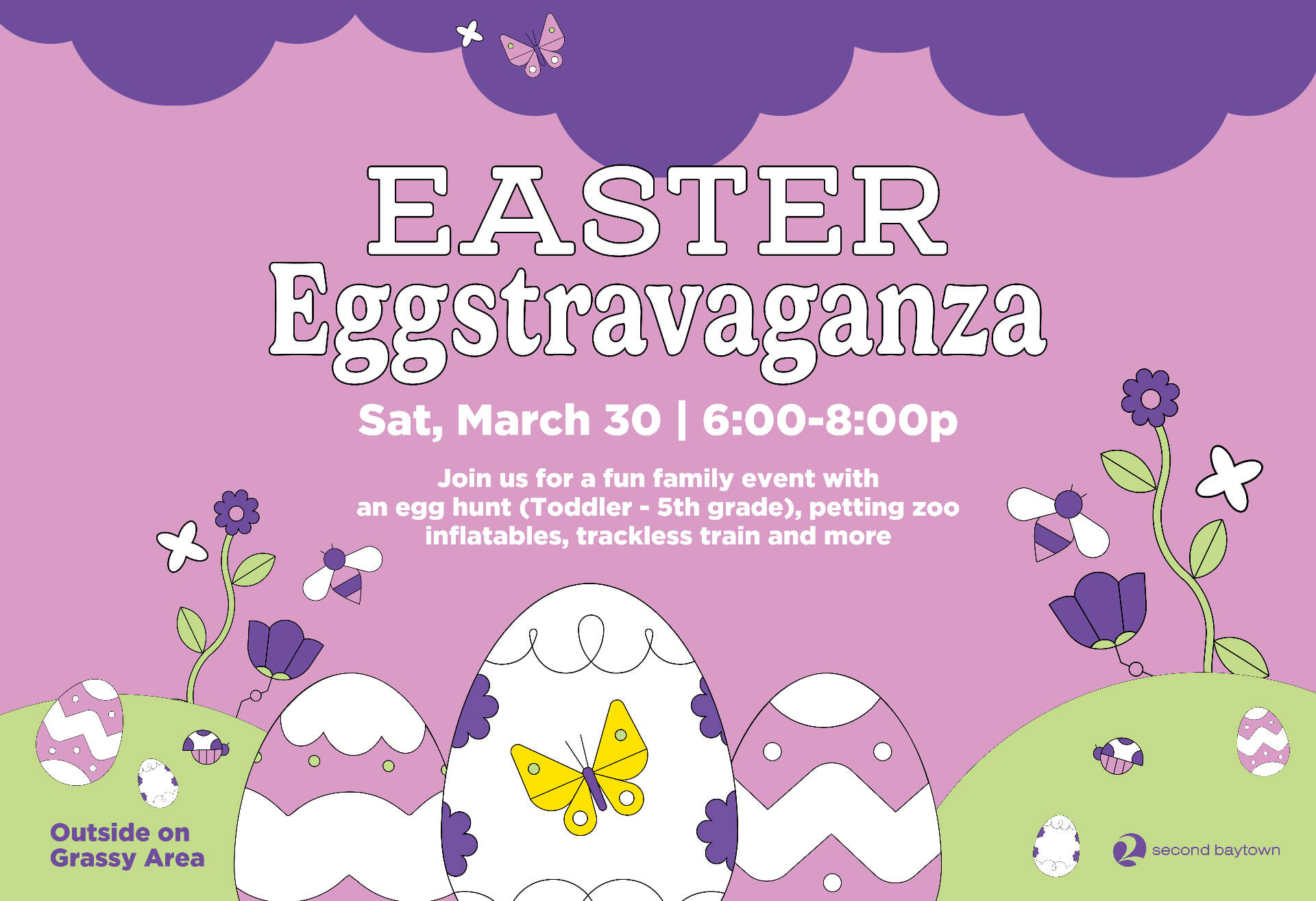 easter eggstravaganza, sat mar 30 6-8pm. join us for a fun family event with an egg hunt (toddler-5th grade), petting zoo, inflatables, trackless train and more!