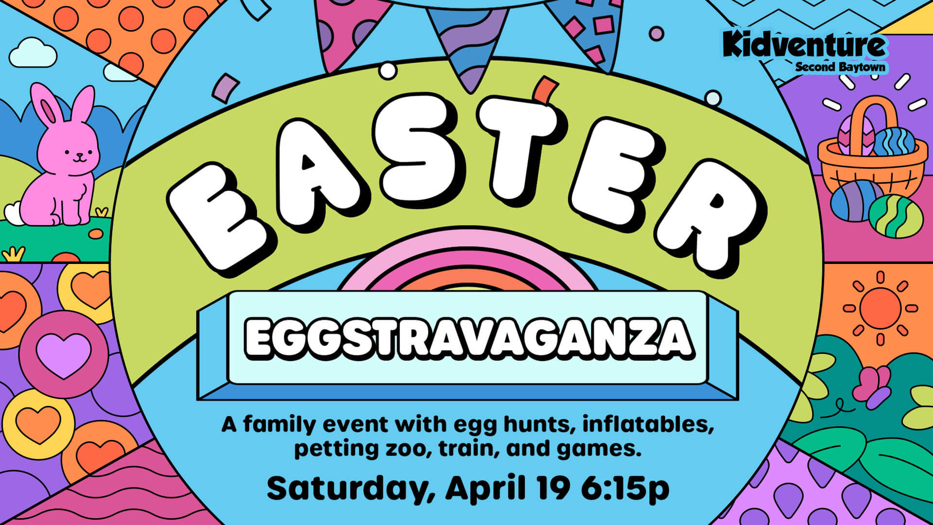 easter eggstravaganza, sat april 19 at 6:15pm. a fun family event with an egg hunt, petting zoo, inflatables, train and games!